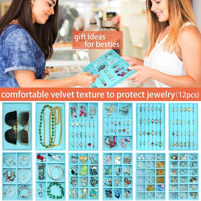 12 Pcs Jewelry Organizer Tray Stackable Velvet Jewelry Tray Earrings Display Case Necklace Earring Box Storage Drawer Bracelet Rings Accessories Trays, Blue