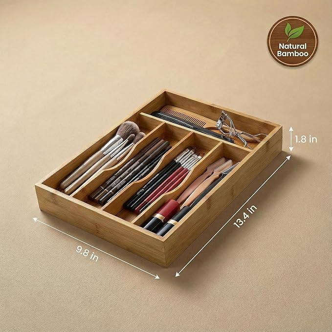 Bamboo Drawer Organizer - Kitchen Utensil Holder, 5 Slots Silverware Drawer Organization, Kitchen Wooden Tray for Cutlery, Flatware & Stationery - Natural
