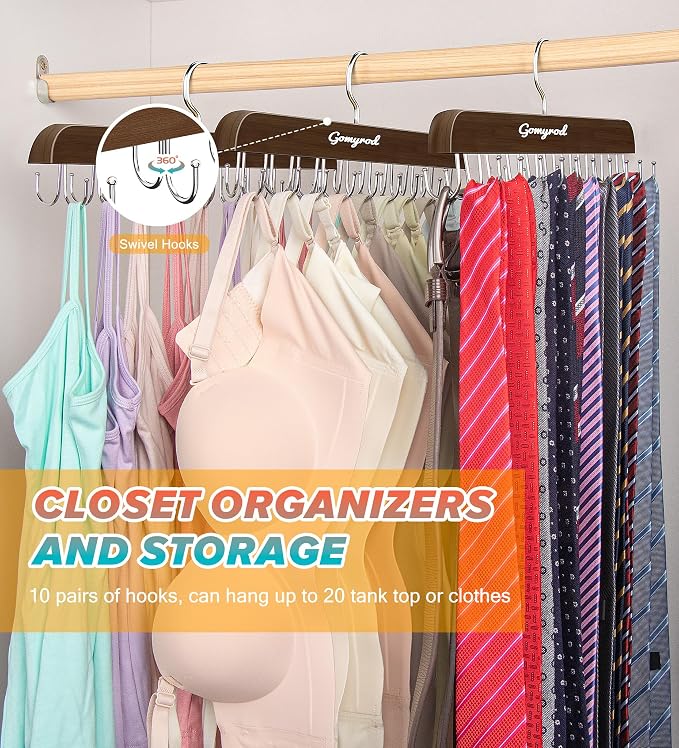 Gomyrod Tank Top Hanger, 2 Pack w/40 Hooks Bra Hanger for Closet Organizer | Premium Wood Space Saving Hanger, 360°Rotating Closet Organizers and Storage, Multi Hook Hanger for Dorm & Apartment, Brown