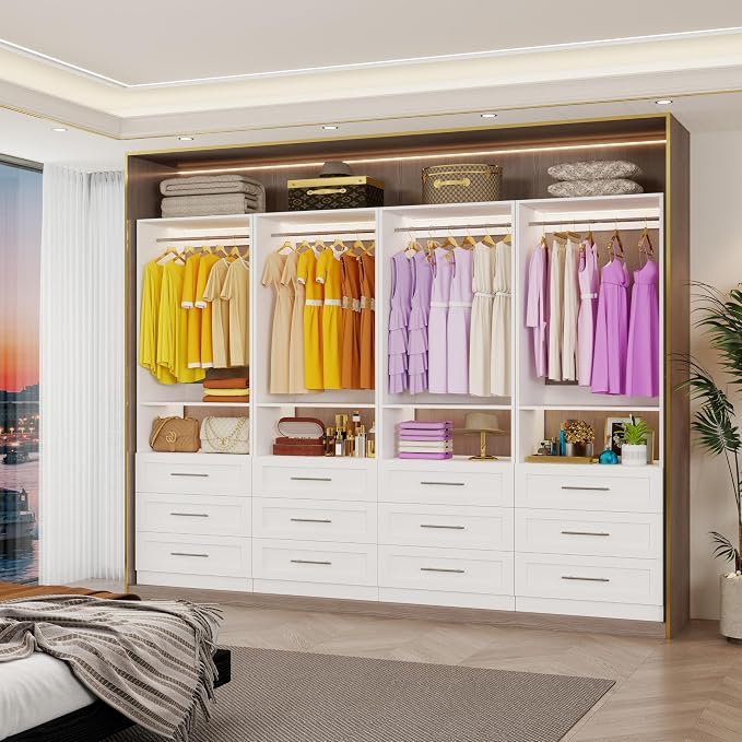 Closet System Set of 2, Closet System with 6 Drawers, 4 Rods & 2 Shelves, 4–10FT Walk in Modular Closet System, DIY Custom Built in Wood Closet Organizer Kit, White