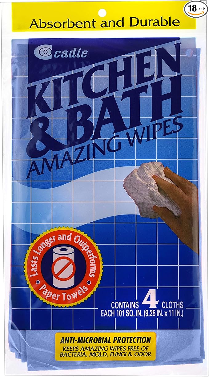 Cadie Kitchen and Bath Amazing Wipes - Absorbent and Reusable Cloth for Washing, Drying, Wiping in The Bathroom or Cuisine Surfaces | Cleaning Sink,Tiles,Bathtub,Walls,Mirror (3 Pack-12 Wipes, Blue)