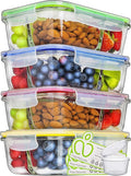 PrepNaturals 4 Pack 34 Oz Glass Meal Prep Containers - Dishwasher Microwave Freezer Oven Safe - Glass Storage Containers with Lids (Multi-Compartment) | Borosilicate Glass Meal Prep Containers - Airtight Leak-Resistant Lids, Microwave, Oven & Freezer S...