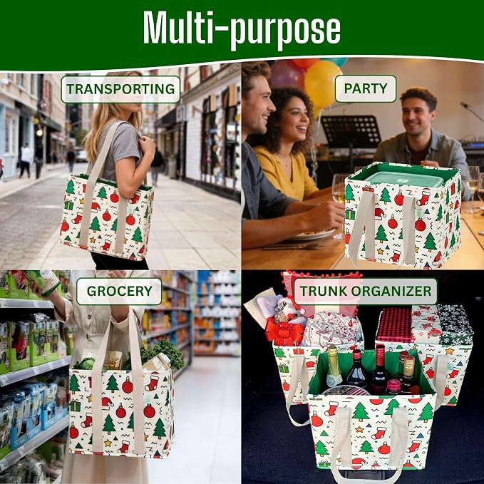 VENO 3 Pack Reusable Grocery Bags, Shopping Bags for Groceries, Tote with Handles and Hard Bottom, Foldable Shopping Cart Organizer, Water Resistant, Heavy-Duty (Jingle Mix, 6 Gallon)