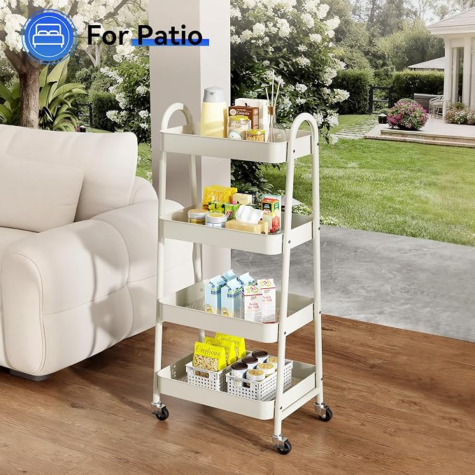 NEWBULIG 4-Tier Metal Rolling Cart with Lockable Wheels, Heavy Duty Mobile Utility Storage Shelf, Roller Book Snack Cart, Organization for Livingroom, Bathroom, Office, White