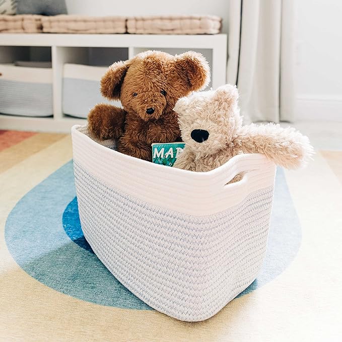 OrganiHaus Blue Cotton Rope Baskets for Shelves, Set of 3 - 15"×10"×9½" - Colorful Storage Baskets for Kids - Nursery, Playroom, Classroom - Toy Storage, Books, Towels