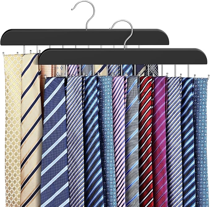 2 Pack Tie Rack & Belt Hanger 2 in 1 Tie Hanger Space Saving Max 42 Belts& 60 Ties (Black, 2 Pack Tie Hangers)