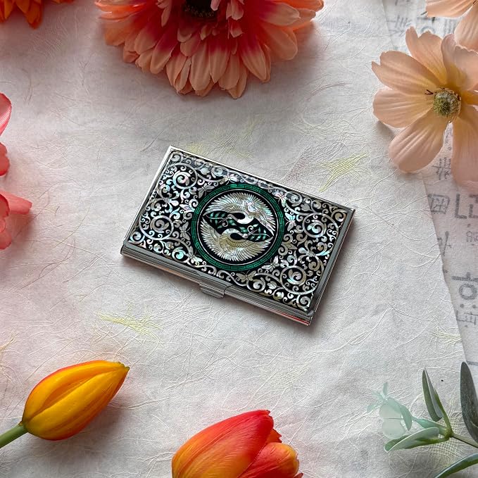 Mother of Pearl Business Card Case Credit Id Name Holder Travel Wallet Art Painting Design Metal Stainless Steel Engraved Slim Purse Pocket Cash Money Wallet -Crane-(Kiss)