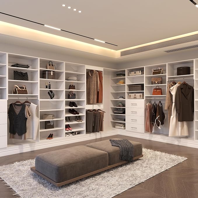 Modular Closet System, 58" Wide Closet Organizer System with Hanging, Wood Tower Closet Storage for Walk In Closets, Wall Mounted Wardrobe Organizer Kit System, Bedroom, White