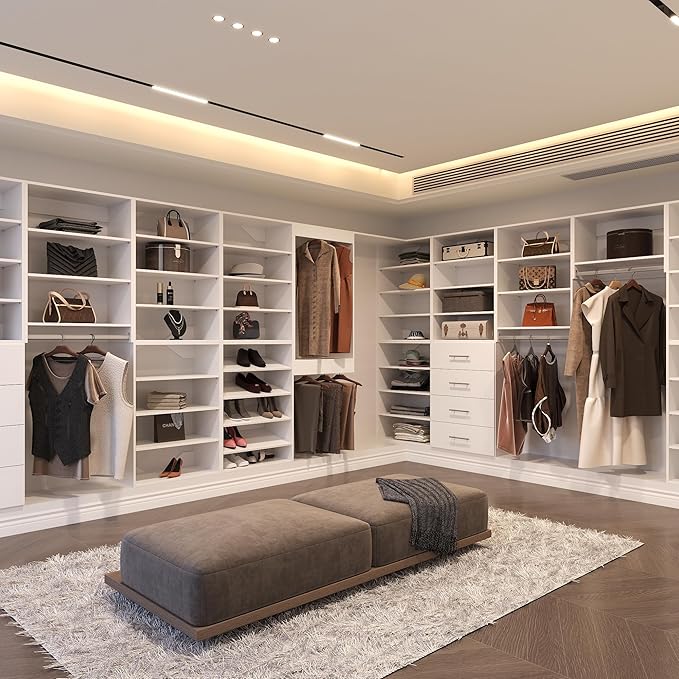 Modular Closet System, 60" Wide Closet Organizer System with Hanging and Drawers, Wood Tower Closet Storage for Walk In Closets, Wall Mounted Wardrobe Organizer Kit System, Bedroom, White