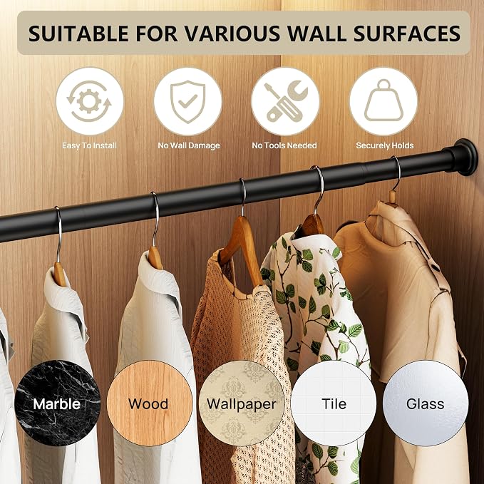 Tension Curtain Rod by EZFurni, 28 to 42 Inch, Adjustable Curtain Rods No Drilling, Heavy Duty Tension Rod, Anti-Slip Spring Loaded Curtain Rods for Window, Closet, Door, Black