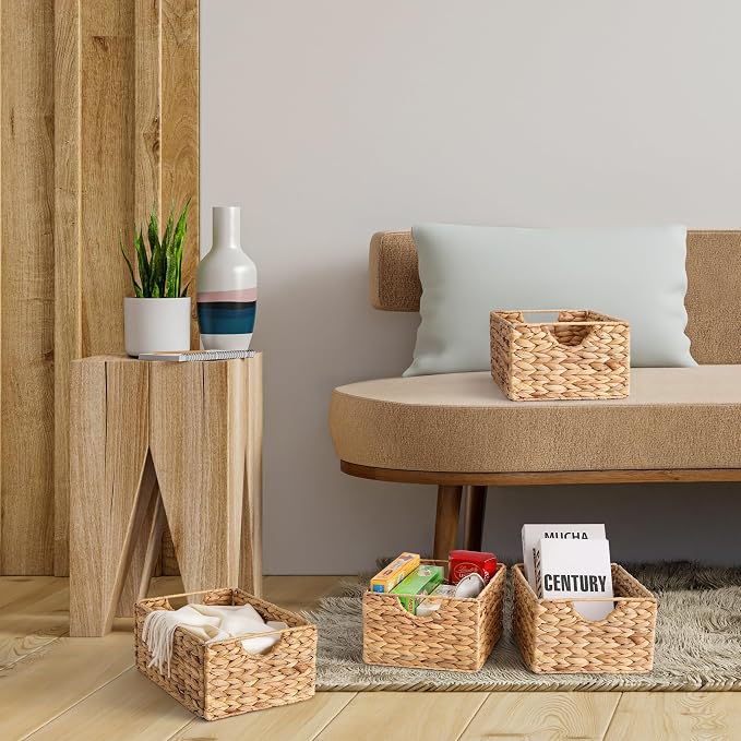 Water Hyacinth Pantry Baskets Set of 6, 12.5 x 9.5 x 6in Wicker Storage Baskets for Shelves, Pantry Baskets Organization, Bathroom Shelves Storage Basket