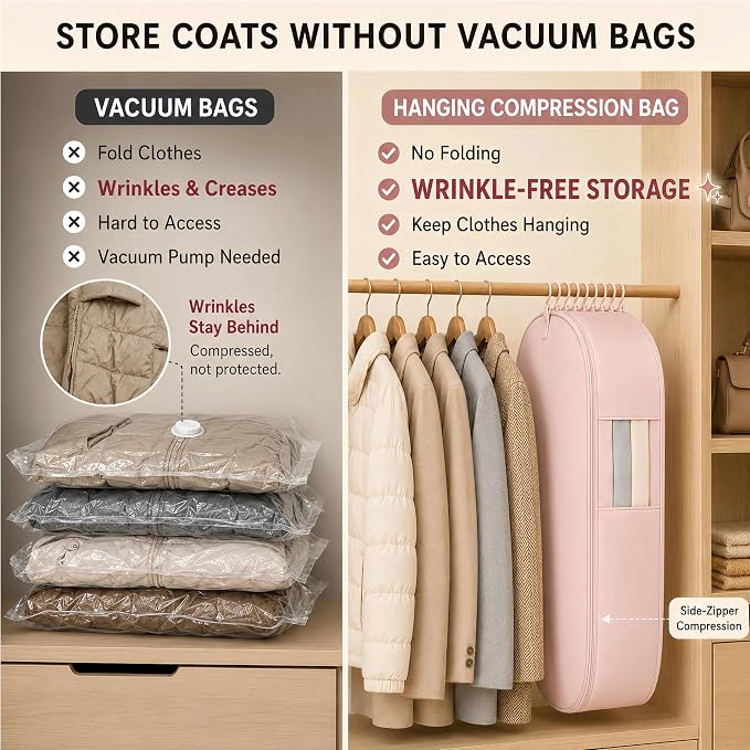 Space Saving Hanging Garment Bag, Compression Zipper for Coats & Jackets | Hanging storage keeps clothes visible and easy to find; holds 12-15 coats or 20-25 light garments; no pump needed.