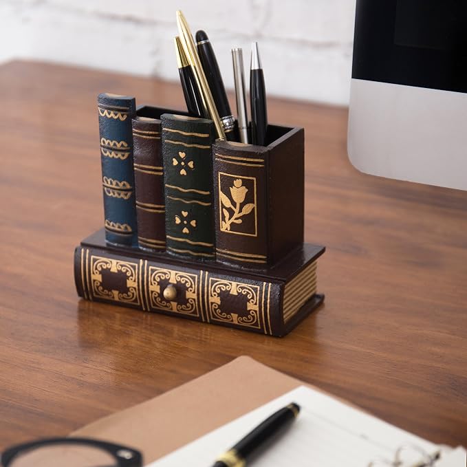 MyGift Decorative Desk Organizer Pen and Pencil Holder with Storage Drawer | Antique Library Book Design stationery storage writing tools caddy drawer compartment classroom workspace accessory supplies