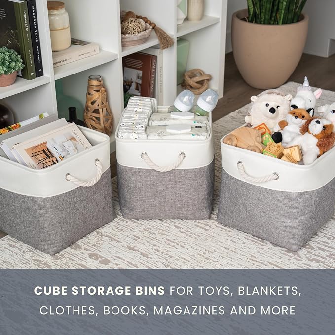 OrganiHaus 11x11 Cube Storage Bins 4 Pack, Foldable Cube Storage Organizer w/ Rope Handles, Collapsible Fabric Bins for Toys, Clothes & Closet Organization, Fabric Square Baskets - Gray/White