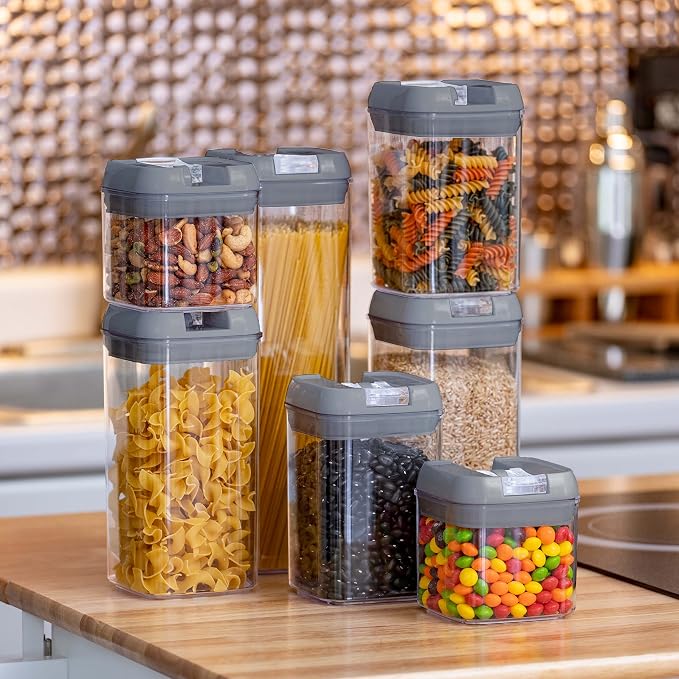 Set of 7 Airtight Food Storage Containers - Pantry Organizer Bins, BPA Free Plastic Containers plus Dry Erase Marker and Labels, Gray