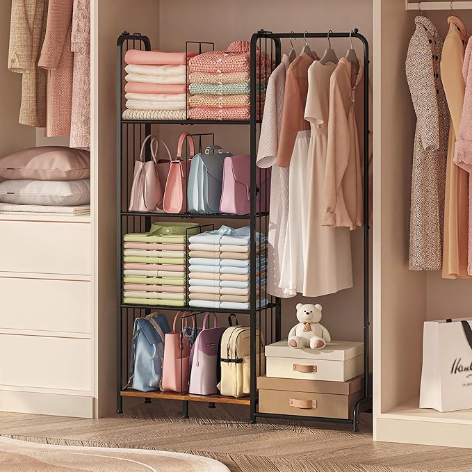 Honkazita 4-Tier Purse Storage for Closet with Adjustable Feet & Dividers, High Capacity Closet Purse Organizer for Small Place Iron & Wood Handbag Storage - Purse Organizer for Closet & Narrow Spaces