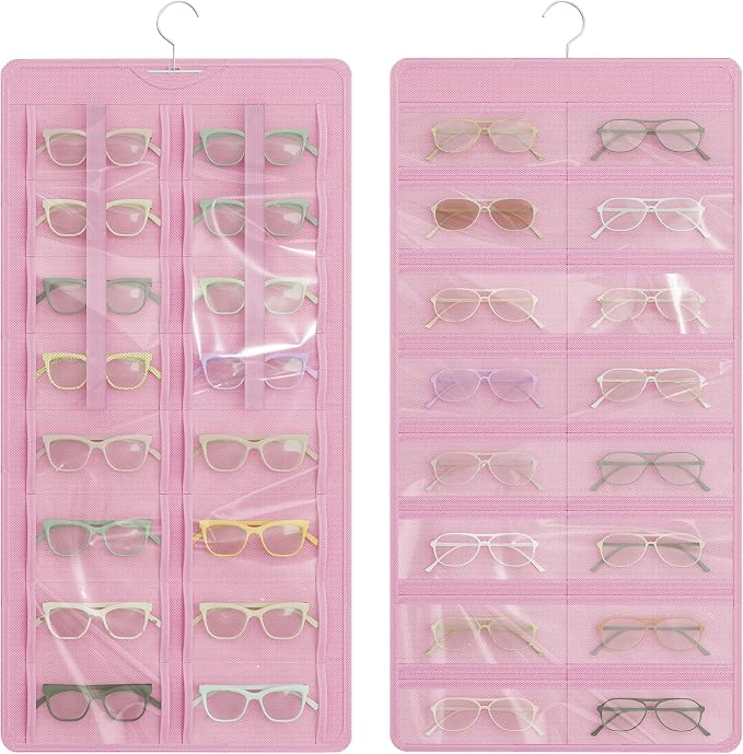 Hanging Sunglasses Organizer and Storage, 32 Slots Jewelry Holder, Pink | Protect eyewear from dust with double-sided clear compartments; roof design hangs on wall, door or closet for home/RV travel.