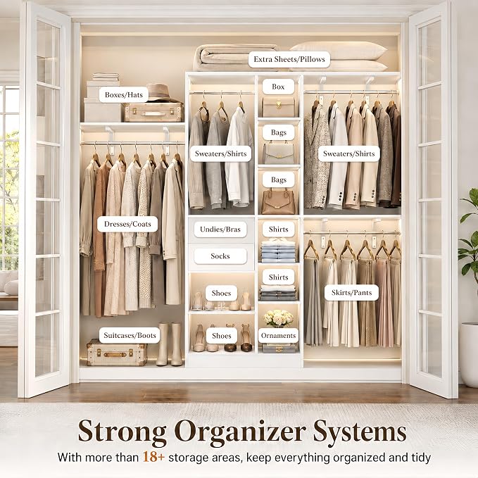 Upgraded 96 Closet System with 18 Storage Place, 8FT Closet Organizers System with 13 Shelves and 2 Wooden Drawers, 96'' Walk-in Closet with 4 Hanging Rods, Adjustable Garment Rack, White