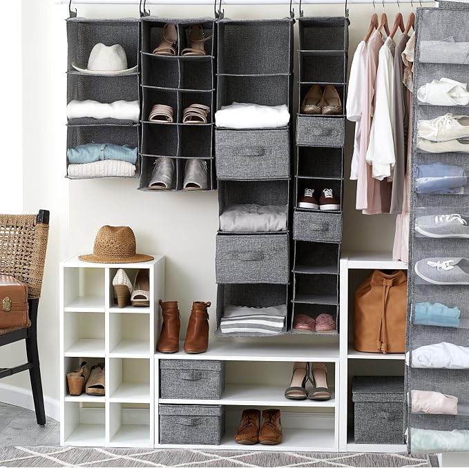 Household Essentials 10 Pocket Double Hang Canvas Shoe Organizer Side‑by‑Side Hanging Storage, Gray