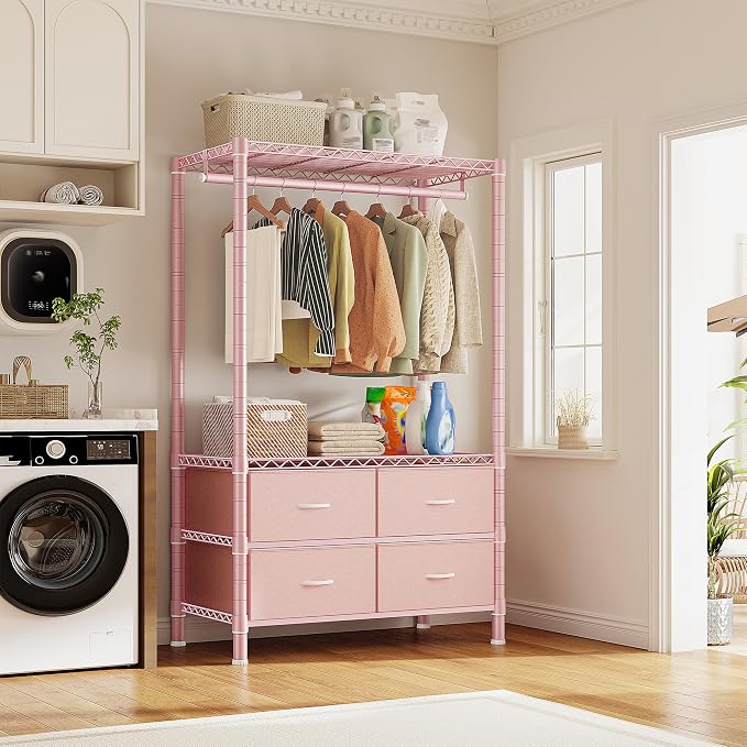 Raybee Clothes Rack with Drawers, 35" W Pink Clothing Rack Load 450LBS for Bedroom Apartment Dorm, Heavy Duty Metal Portable Closet with Adjustable Shelves, Multi-Function, Easy Assembly