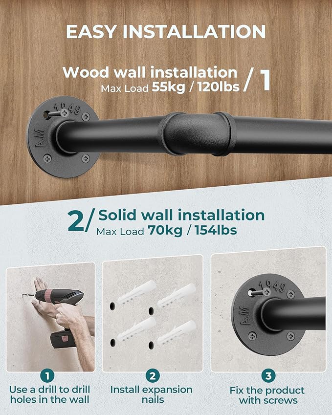 OROPY 65.7" Heavy Duty Industrial Pipe Clothes Rack for Hanging Clothes | Wall Mounted Clothes Bar, Space Saving Iron Garment Rack, Multi-Purpose Hanging Rod for Bedroom, Closet, Black, 3 Base