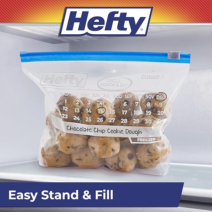 Hefty Calendar Slider Quart Freezer Bags, 140 Count, Quart Slider Bags for Freezer with Calendar Dates, Holds Raw Meat, Fruits, Veggies, and More, Secure Zip and Click Closure