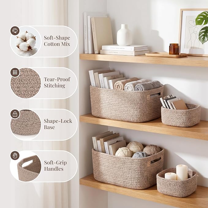 4-Pack Large Woven Rope Storage Baskets, 2 Sizes Organizer Bins | Fabric Cube Boxes and Rectangular Shallow Bins for Closet, Shelf, Bookshelf, Nursery, Changing Table, Bathroom, Toys & Home