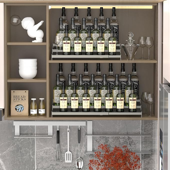 Jojocross Metal Spice Rack Organizer for Cabinet, 3 Tier Expandable Spice Storage shelf, Great for Kitchen Cabinets, Cupboard,Pantry and Countertop More,Metal plate with hole(2PACKS/GUN-GREY)