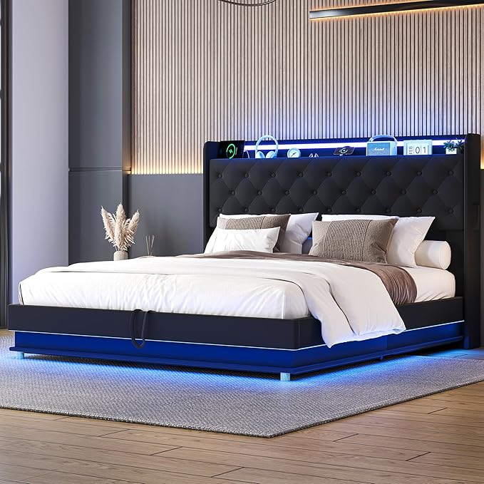 Ailisite Lift Up Storage Bed Full, Bed Frame Full Size with Charging Station & Led Lights, Upholstered Storage Bed with Wingback 2-Tier Bookcase Headboard, Hydraulic Lift, No Box Spring Needed,Black | lift up bed, breathable material