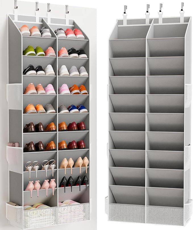 Criusia Over the Door Shoe Organizer, 20-30 Pairs Heavy-Duty Hanging Shoe Storage with Large Pockets, 10-Tier Door Shoe Rack with 4 Hooks for Sneakers Sandals Heels Boots (Gray)