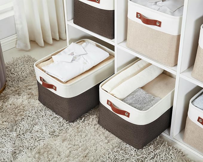 DECOMOMO Storage Bins, Large Fabric Storage Baskets for Shelves, Decorative Linen Closet Organizer, 15 x 11 x 9.5 inches (Brown & White, 3 Pack)