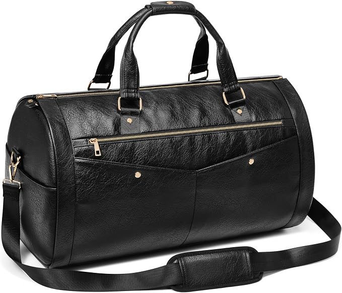 Garment Bag for Travel, Convertible Suit Garment Bag for Men, Stylish Carry On Garment Bag with Shoulder Strap, 2 in 1 Foldable PU Leather Garment Duffle Bag Suit Travel Bag for Men, Black