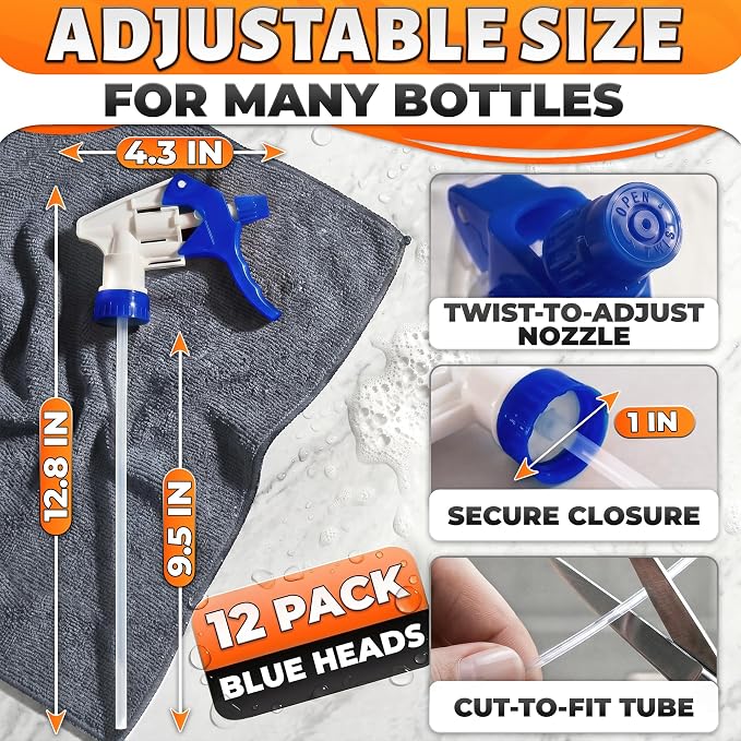 Spray Bottle Nozzle Replacement 12 Pack, Fits 8-32oz Bottles (Blue) | Replacement Trigger Sprayer Heads for Bottles; Fits 28-400 Thread, Trim-to-Fit Tube; for Cleaning, Garden & Pet Carefor