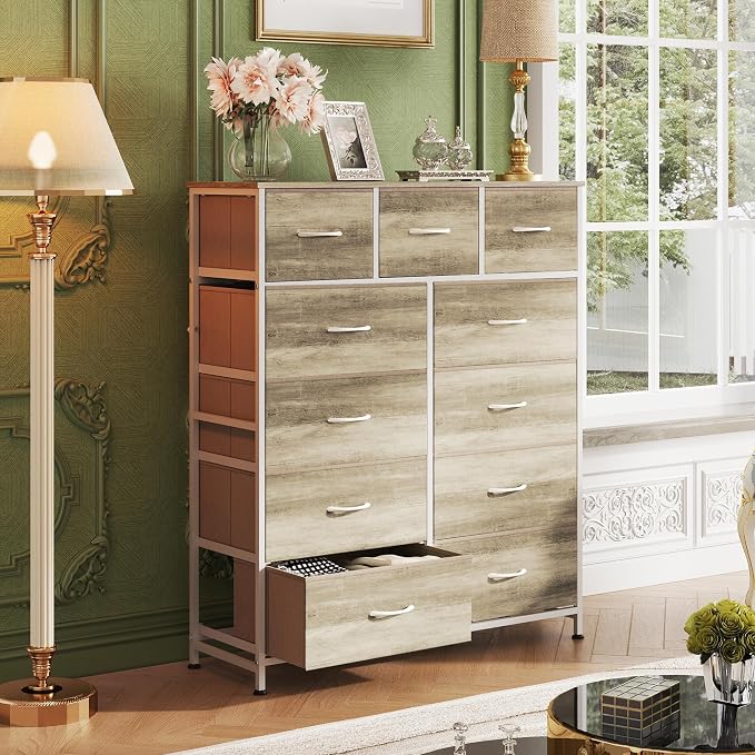 WLIVE Tall Dresser for Bedroom, Fabric Dressers Storage Tower, Dresser & Chest of Drawers Organizer Unit with 11 Drawers, Storage Cabinet, Hallway, Closets, Steel Frame, Wood Top, Greige