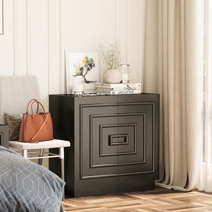 Aoikax Modern 2-Door Storage Cabinet, Sculptural Rustic Cabinet with Geometric Square Pattern, Contemporary Accent Cabinet for Bedroom, Living Room, Black
