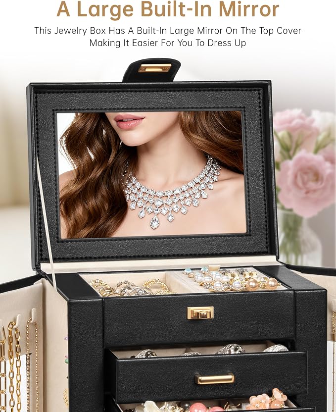 AKOZLIN 6-Tier Jewelry Box Organizer Functional 5 Drawers Leather Jewelry Storage Case for Women Girls Ring Necklace Earring Bracelet Holder Organizer with Mirror Black 360° Rotating