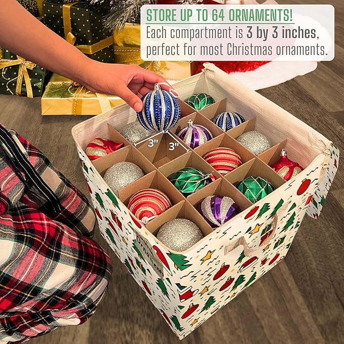 VENO 4 Pack Christmas Ornament Storage Box, Stores up to 64 Holiday Ornaments, Adjustable Dividers, Zippered Top, Storage bins with lids for holiday decorations-3 Inch Cube Compartments (Jingle Mix)
