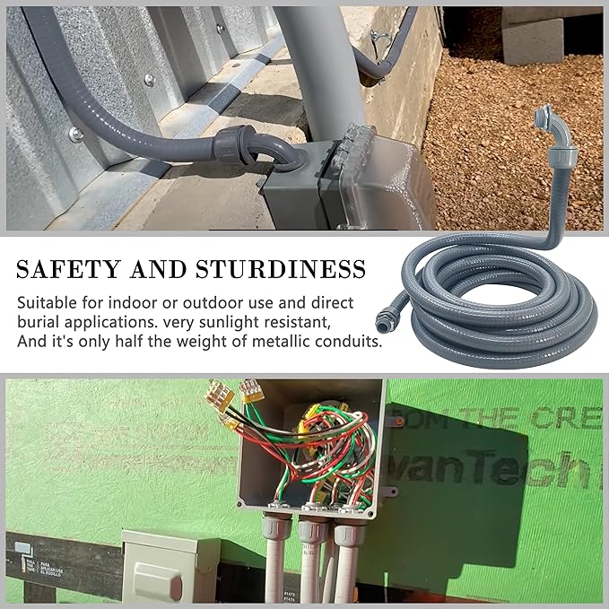 Liquid-Tight Conduit - 1/2inch 25 Foot Flexible Non Metallic Liquid Tight Electrical Conduit Kit, With 4 Straight and 3 90-Degree Conduit Connector Fittings.1/2" Dia