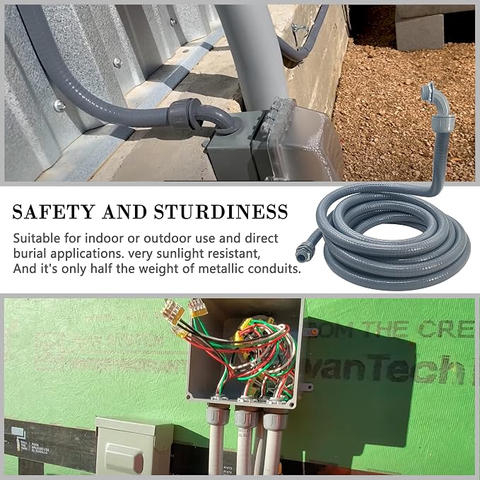 50 Foot Liquid-Tight Conduit Kit - 1/2inch Flexible Non Metallic Liquid Tight Electrical Conduit and 5 Straight and 4 Angle Fittings Included. 1/2" Dia