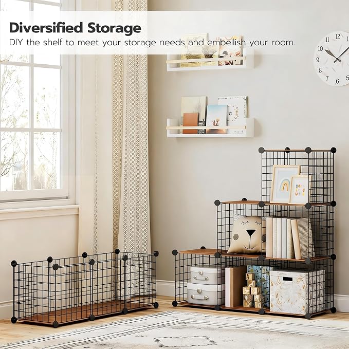 HOOBRO Wire Cube Storage Organizer, 6-Cube Metal Storage Shelves, Modular Closet Organizer, DIY Closet Cabinet for Home, Living Room, Office, Rustic Brown and Black BF09CW01