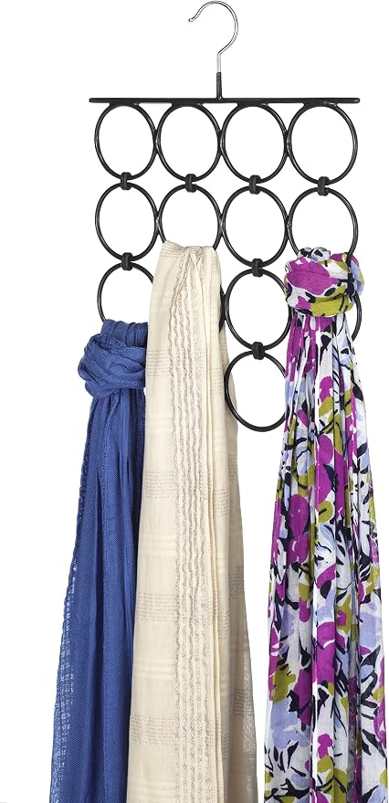 Whitmor 16 Rings Folding Metal Scarf Hanger for Closet, 12. 25"W x 15. 88"H, Space Saving Organizer Hangers for Scarves, Ties, Belts, Shawls, Accessory, Chrome & Black