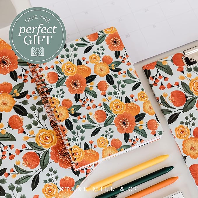 Steel Mill & Co Cute Mini Spiral Notebook, 8.25" x 6.25" Journal with Durable Hardcover and 160 Lined Pages, Orange Floral