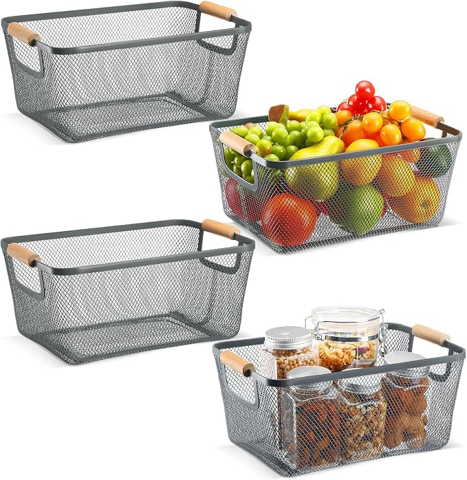 Ziliny 4 Pcs Metal Mesh Wire Baskets with Wooden Handles for Organizing, Pantry Organizers and Storage Steel Bin Kitchen Baskets for Fruit Potato Onion Snacks Bathroom Cabinet(Medium,Dark Gray)