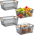 Ziliny 4 Pcs Metal Mesh Wire Baskets with Wooden Handles for Organizing, Pantry Organizers and Storage Steel Bin Kitchen Baskets for Fruit Potato Onion Snacks Bathroom Cabinet(Medium,Dark Gray)