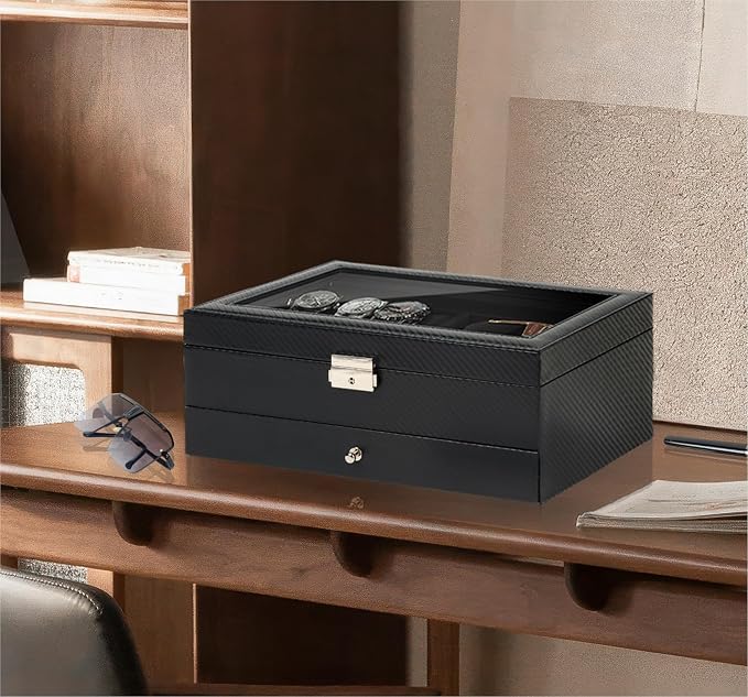 Kukikan Watch Jewelry Box Organizer, 6-Slot 2-Layer Case and Sunglasses Storage with Large Glass Lid, Men's Jewelry Box with Lock, Watch Holder Display Case, Fathers Day Gift, All Black