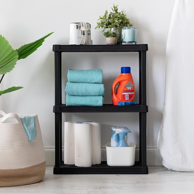 IRIS USA 3-Shelf Light Duty Plastic Storage Shelves, 150lb Capacity, 33" H x 24" W x 12" D, Medium Modular Shelving Unit Storage Organizer for Bathroom, Laundry, Garage & Home, Storage Rack - Black