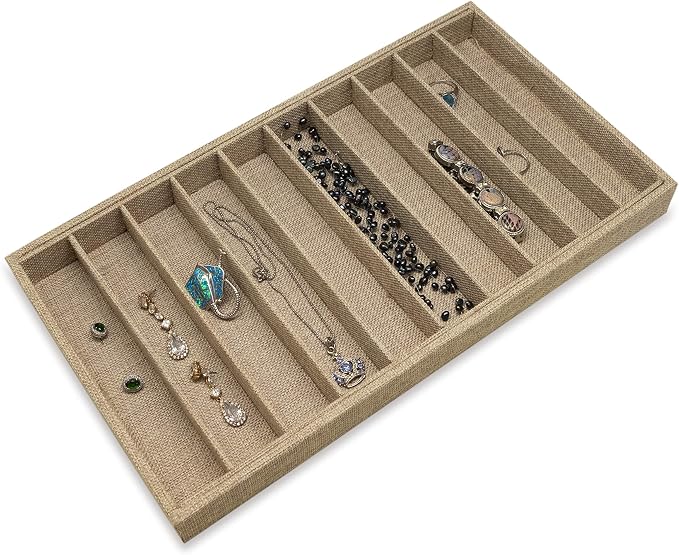 The Display Guys - Stackable Jewelry Tray and Organizer - for Drawers, Dressers, Store Display (10 Compartments, Beige Burlap)