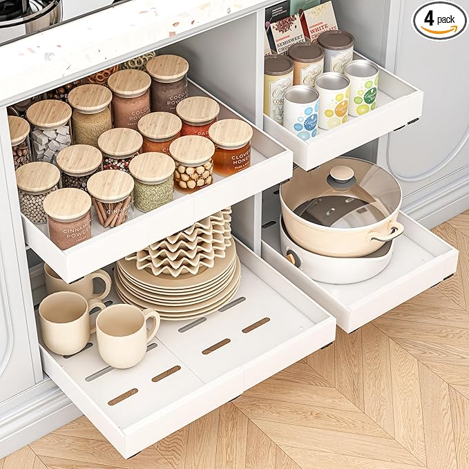 THMINS 4 Pack Pull Out Cabinet Organizer, 21" Deep Expandable(12.6"-20.5") Heavy Duty Slide Out Drawers, Pull Out Drawers for Cabinets Suitable for Kitchen Storage (White)