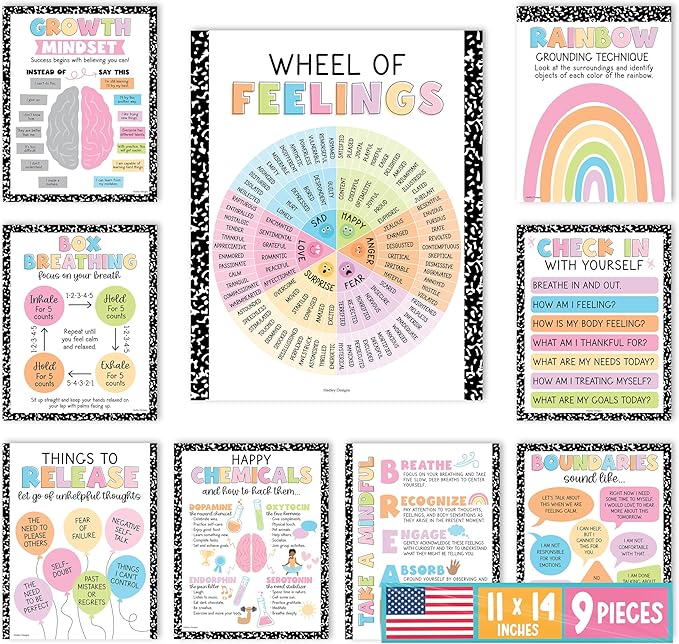 Hadley Designs 9 Mental Health Posters for Classroom - School Counselor Office Must Haves, Mental Health Therapy Office Decor, Growth Mindset Posters, Wheel of Feelings Chart, Pastel Classroom Decor