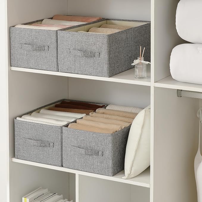 Linen Folding Storage Bins, 3 Pack Large Storage Baskets, Washable, Clothing Storage Bins with Handle, Closet Organizer for Storage Sweater,Sheets(dark grey, 18½"x11" x8½")